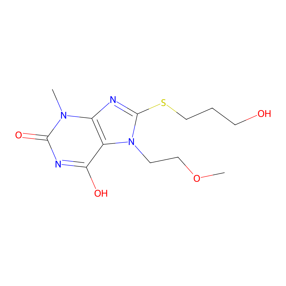 8-((3-HO-Propyl)thio)-7-(2-methoxyethyl)-3-ME-3,7-dihydro-1H-purine-2,6-dione molecular structure, CAS 476482-55-0