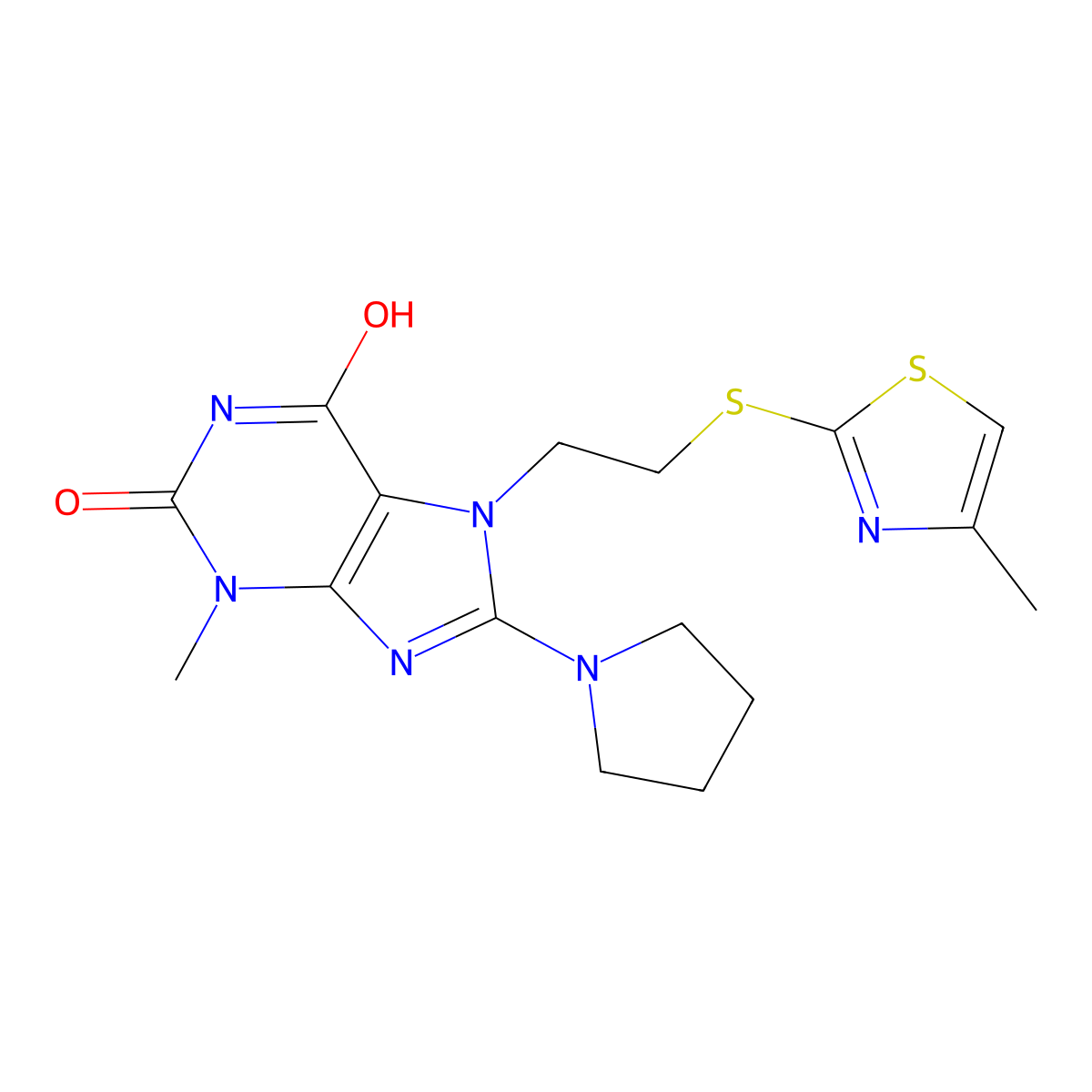3-Methyl-7-(2-((4-methyl-1,3-thiazol-2-YL)sulfanyl)ethyl)-8-(1-pyrrolidinyl)-3,7-dihydro-1H-purine-2,6-dione molecular structure, CAS 476482-59-4