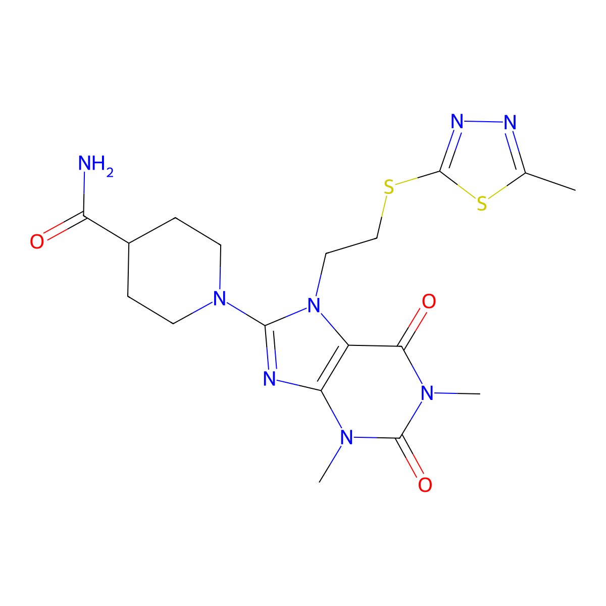 1-(1,3-Dimethyl-7-(2-((5-methyl-1,3,4-thiadiazol-2-YL)sulfanyl)ethyl)-2, 6-dioxo-2,3,6,7-tetrahydro-1H-purin-8-YL)-4-piperidinecarboxamide molecular structure, CAS 476482-62-9