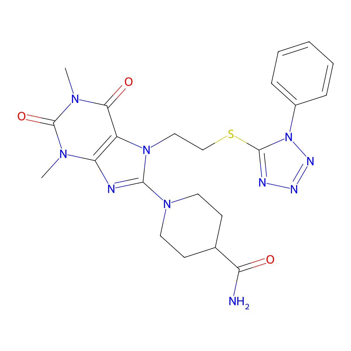 1-(1,3-Dimethyl-2,6-dioxo-7-{2-[(1-phenyl-1H-tetraazol-5-YL)sulfanyl]eth YL}-2,3,6,7-tetrahydro-1H-purin-8-YL)-4-piperidinecarboxamide molecular structure, CAS 476482-82-3