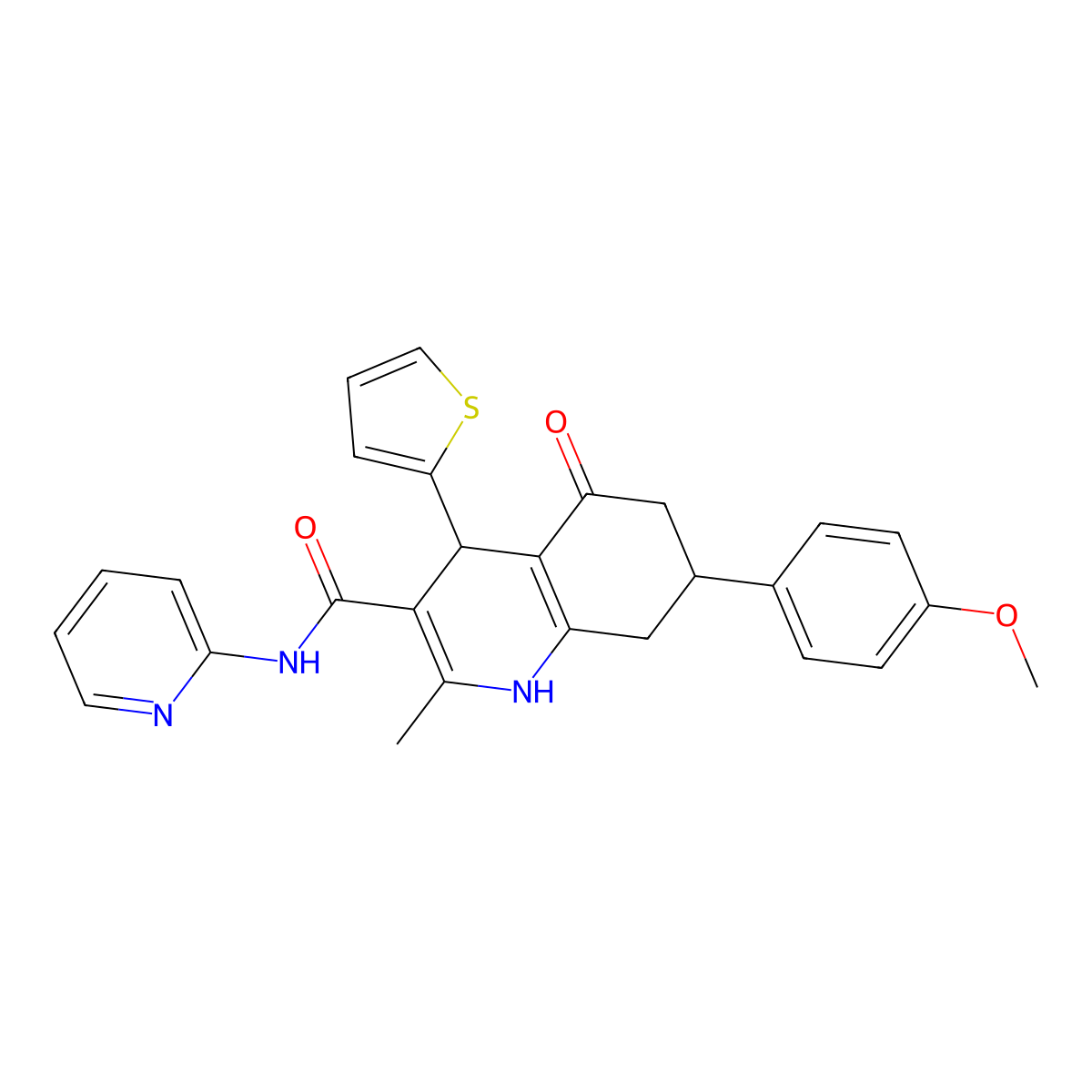 7-(4-Methoxyphenyl)-2-methyl-5-oxo-N-(2-pyridinyl)-4-(2-thienyl)-1,4,5,6,7,8-hexahydro-3-quinolinecarboxamide molecular structure, CAS 476482-86-7