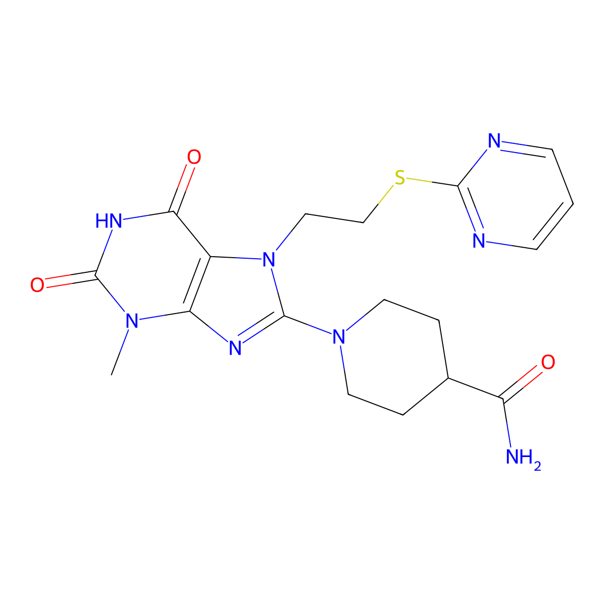 1-{3-Methyl-2,6-dioxo-7-[2-(2-pyrimidinylsulfanyl)ethyl]-2,3,6,7-tetrahydro-1H-purin-8-YL}-4-piperidinecarboxamide molecular structure, CAS 476482-88-9