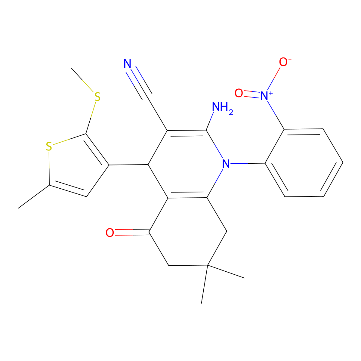2-Amino-7,7-dimethyl-4-[5-methyl-2-(methylsulfanyl)-3-thienyl]-1-(2-nitrophenyl)-5-oxo-1,4,5,6,7,8-hexahydro-3-quinolinecarbonitrile molecular structure, CAS 476483-21-3