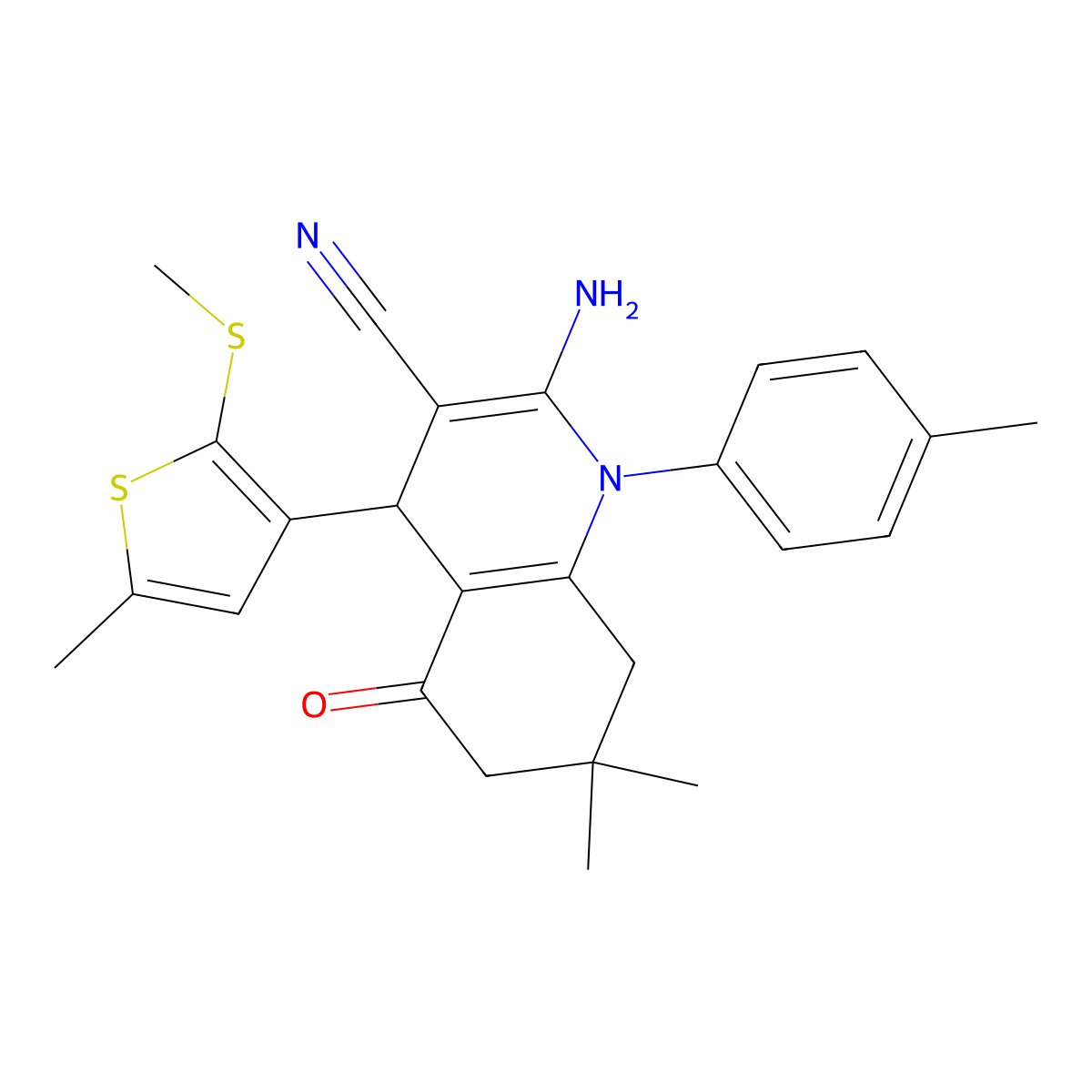 2-Amino-7,7-dimethyl-4-[5-methyl-2-(methylsulfanyl)-3-thienyl]-1-(4-meth ylphenyl)-5-oxo-1,4,5,6,7,8-hexahydro-3-quinolinecarbonitrile molecular structure, CAS 476483-23-5
