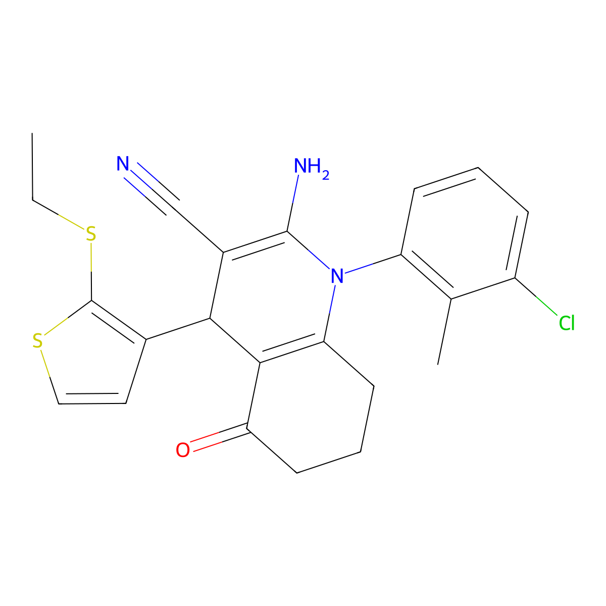 2-Amino-1-(3-chloro-2-methylphenyl)-4-[2-(ethylsulfanyl)-3-thienyl]-5-oxo-1,4,5,6,7,8-hexahydro-3-quinolinecarbonitrile molecular structure, CAS 476483-25-7