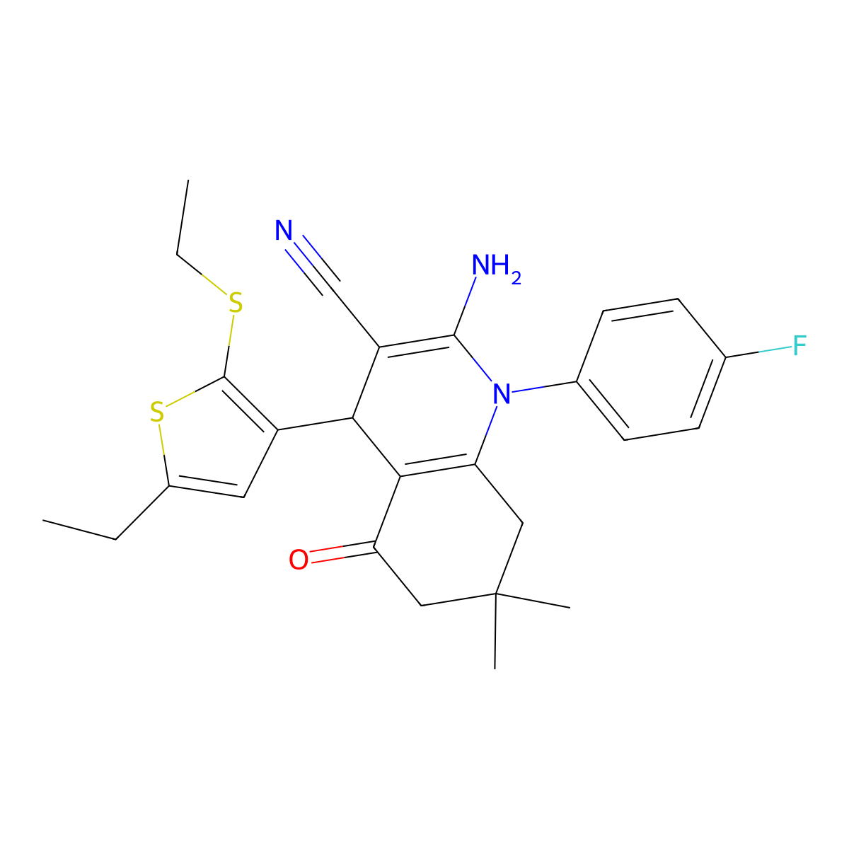 2-Amino-4-(5-ethyl-2-(ethylsulfanyl)-3-thienyl)-1-(4-fluorophenyl)-7,7-dimethyl-5-oxo-1,4,5,6,7,8-hexahydro-3-quinolinecarbonitrile molecular structure, CAS 476483-26-8
