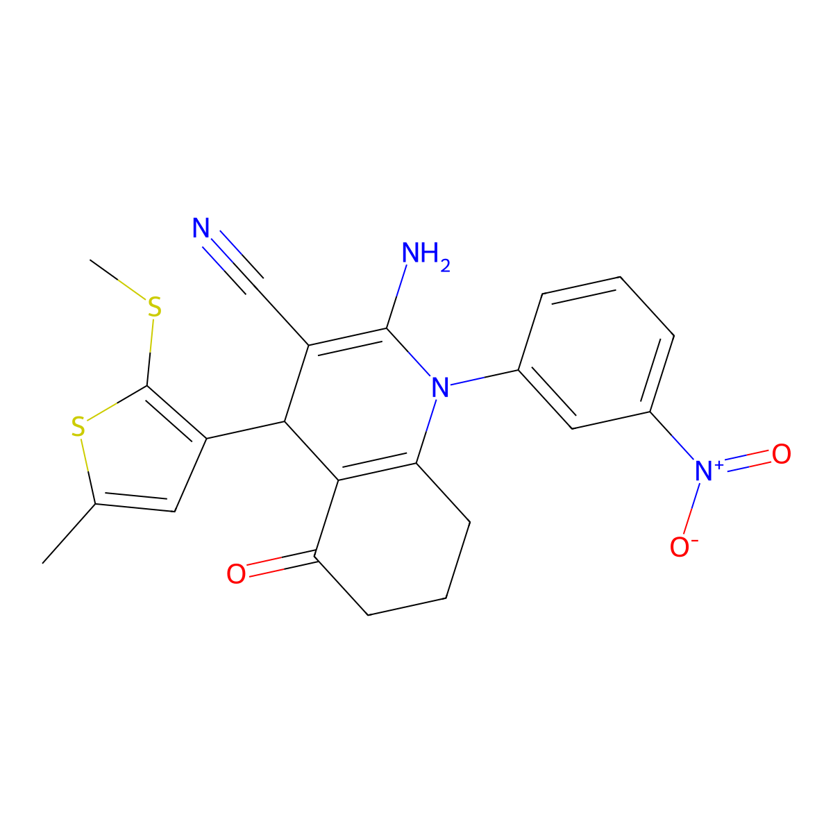 2-Amino-4-[5-methyl-2-(methylsulfanyl)-3-thienyl]-1-(3-nitrophenyl)-5-oxo-1,4,5,6,7,8-hexahydro-3-quinolinecarbonitrile molecular structure, CAS 476483-27-9
