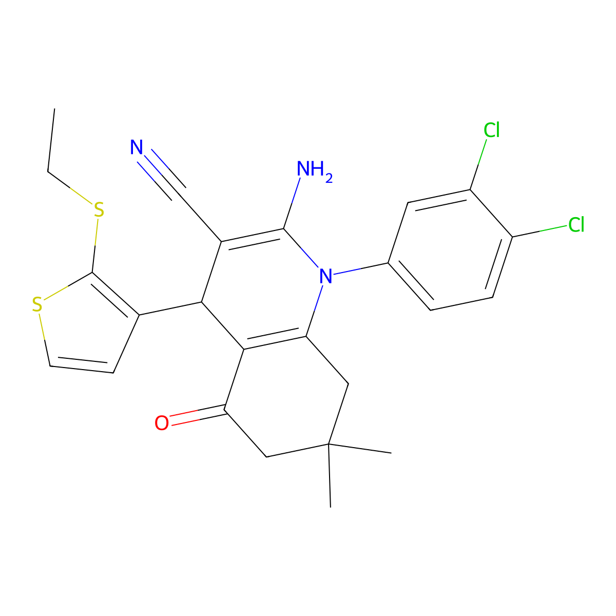 2-Amino-1-(3,4-dichlorophenyl)-4-(2-(ethylsulfanyl)-3-thienyl)-7,7-dimethyl-5-oxo-1,4,5,6,7,8-hexahydro-3-quinolinecarbonitrile molecular structure, CAS 476483-28-0