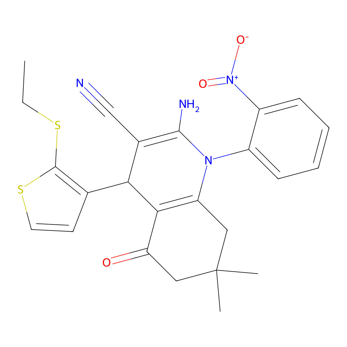 2-Amino-4-(2-(ethylsulfanyl)-3-thienyl)-7,7-dimethyl-1-(2-nitrophenyl)-5-oxo-1,4,5,6,7,8-hexahydro-3-quinolinecarbonitrile molecular structure, CAS 476483-30-4