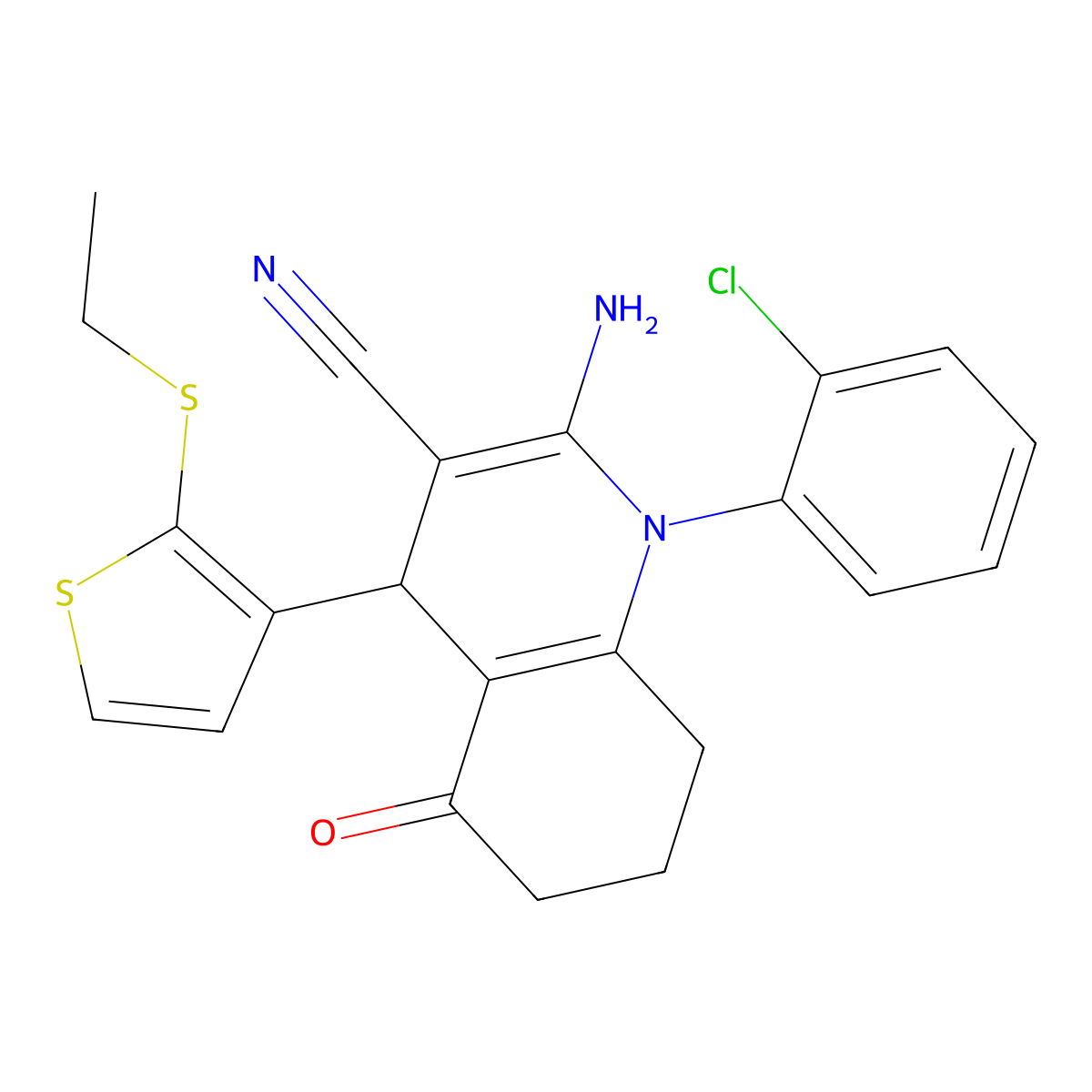 2-Amino-1-(2-chlorophenyl)-4-[2-(ethylsulfanyl)-3-thienyl]-5-oxo-1,4,5,6,7,8-hexahydro-3-quinolinecarbonitrile molecular structure, CAS 476483-31-5