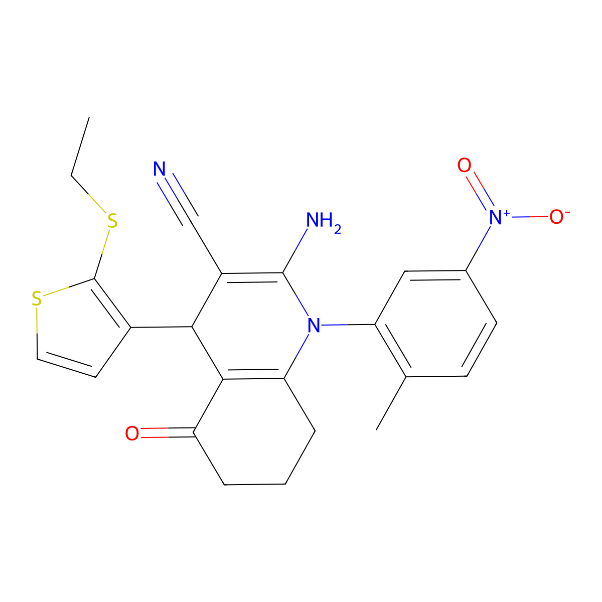 2-Amino-4-[2-(ethylsulfanyl)-3-thienyl]-1-(2-methyl-5-nitrophenyl)-5-oxo-1,4,5,6,7,8-hexahydro-3-quinolinecarbonitrile molecular structure, CAS 476483-32-6