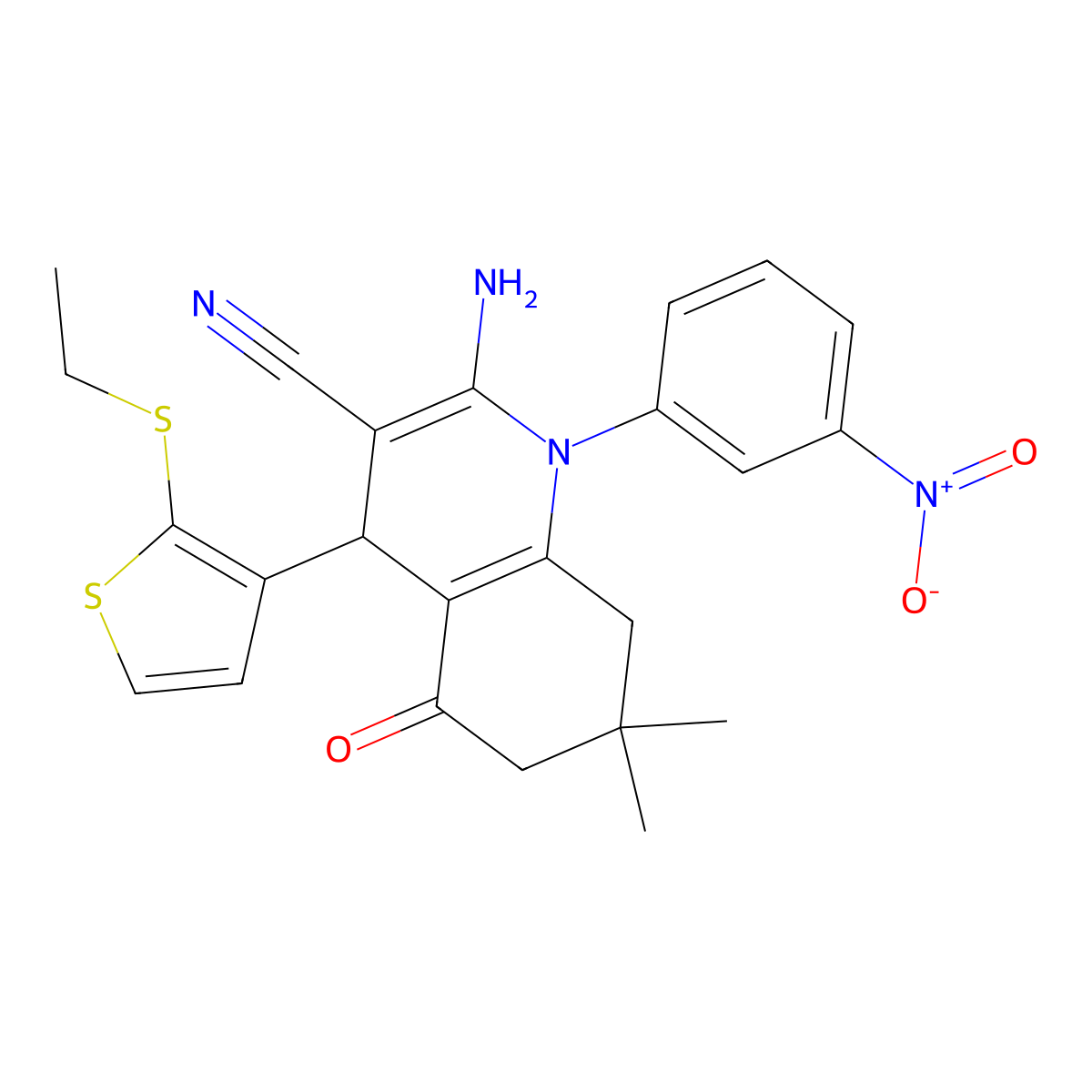 2-Amino-4-[2-(ethylsulfanyl)-3-thienyl]-7,7-dimethyl-1-(3-nitrophenyl)-5-oxo-1,4,5,6,7,8-hexahydro-3-quinolinecarbonitrile molecular structure, CAS 476483-33-7