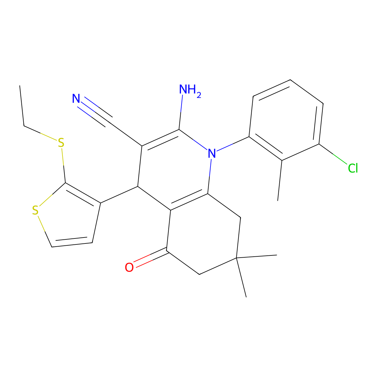 2-Amino-1-(3-chloro-2-methylphenyl)-4-(2-(ethylsulfanyl)-3-thienyl)-7,7-dimethyl-5-oxo-1,4,5,6,7,8-hexahydro-3-quinolinecarbonitrile molecular structure, CAS 476483-34-8