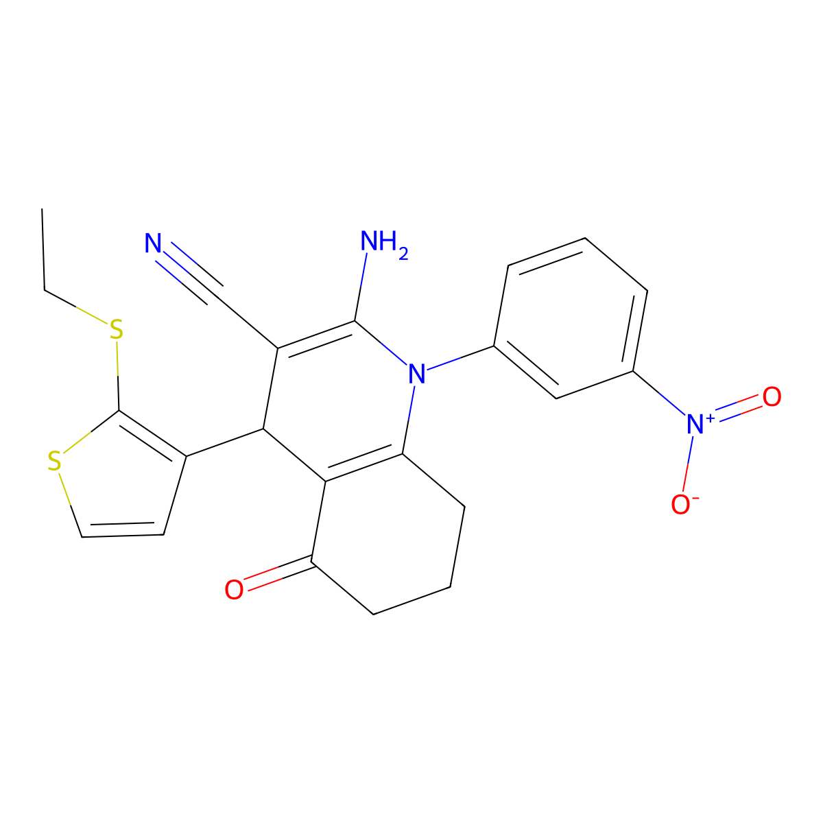 2-Amino-4-[2-(ethylsulfanyl)-3-thienyl]-1-(3-nitrophenyl)-5-oxo-1,4,5,6,7,8-hexahydro-3-quinolinecarbonitrile molecular structure, CAS 476483-35-9