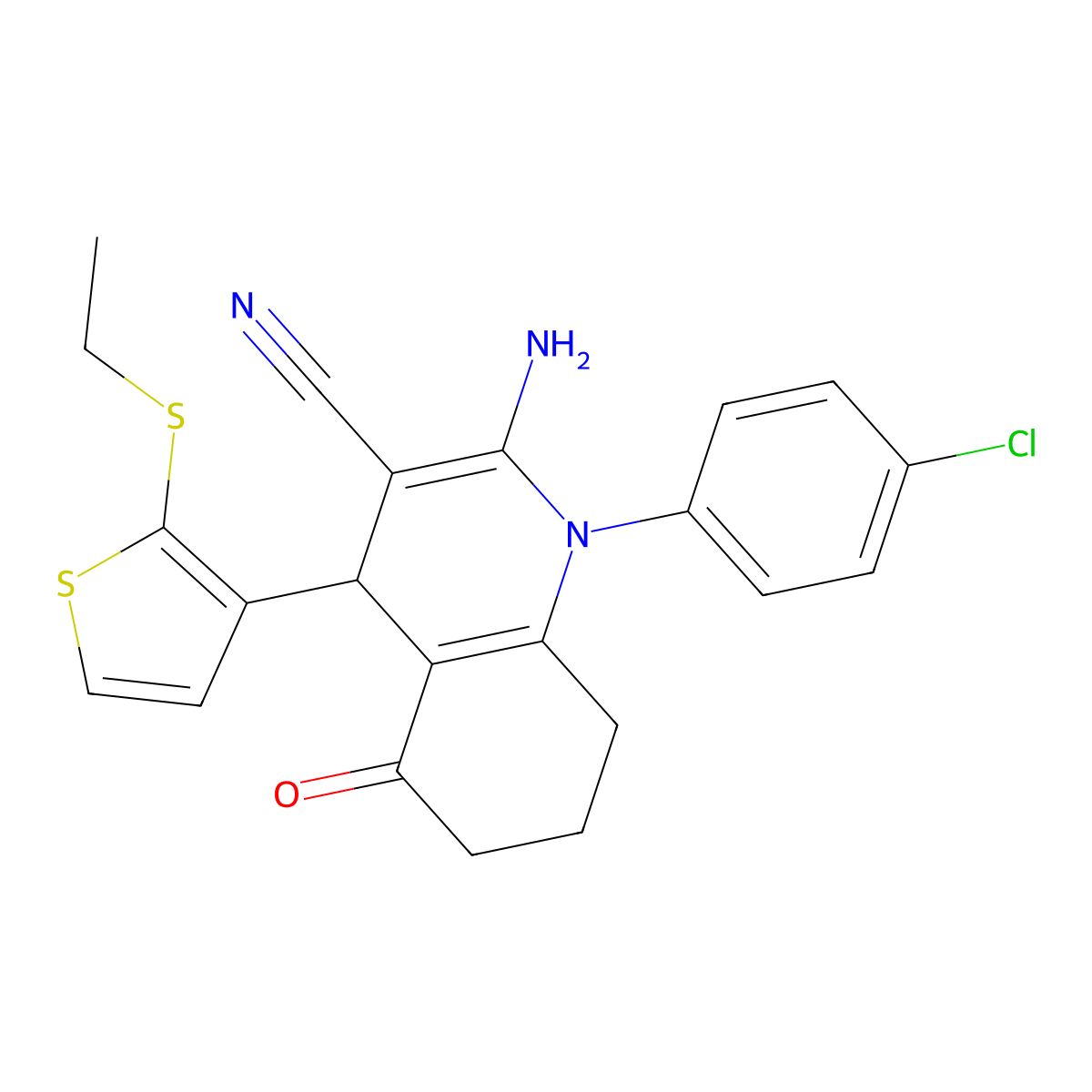 2-Amino-1-(4-chlorophenyl)-4-[2-(ethylsulfanyl)-3-thienyl]-5-oxo-1,4,5,6,7,8-hexahydro-3-quinolinecarbonitrile molecular structure, CAS 476483-36-0