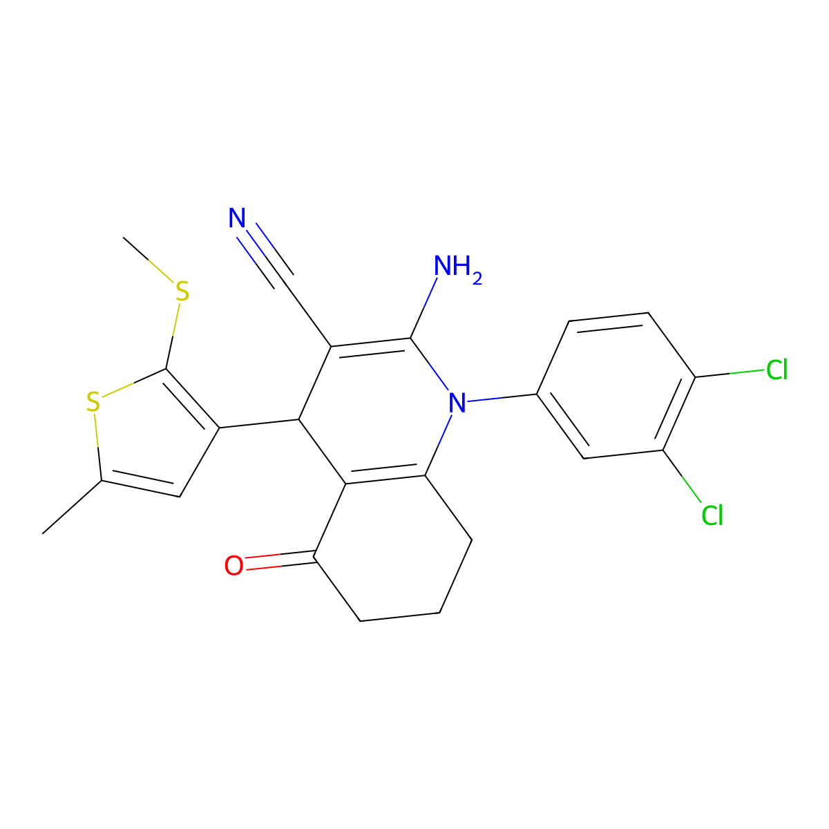 2-Amino-1-(3,4-dichlorophenyl)-4-(5-methyl-2-(methylsulfanyl)-3-thienyl)-5-oxo-1,4,5,6,7,8-hexahydro-3-quinolinecarbonitrile molecular structure, CAS 476483-37-1