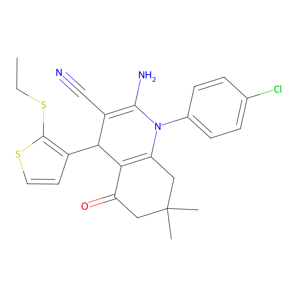 2-Amino-1-(4-chlorophenyl)-4-[2-(ethylsulfanyl)-3-thienyl]-7,7-dimethyl-5-oxo-1,4,5,6,7,8-hexahydro-3-quinolinecarbonitrile molecular structure, CAS 476483-38-2