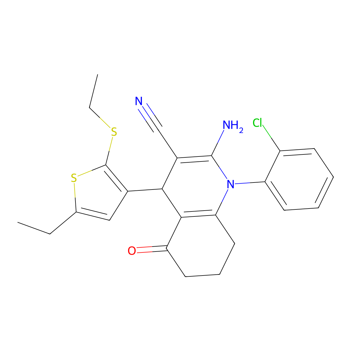 2-Amino-1-(2-chlorophenyl)-4-(5-ethyl-2-(ethylsulfanyl)-3-thienyl)-5-oxo-1,4,5,6,7,8-hexahydro-3-quinolinecarbonitrile molecular structure, CAS 476483-39-3