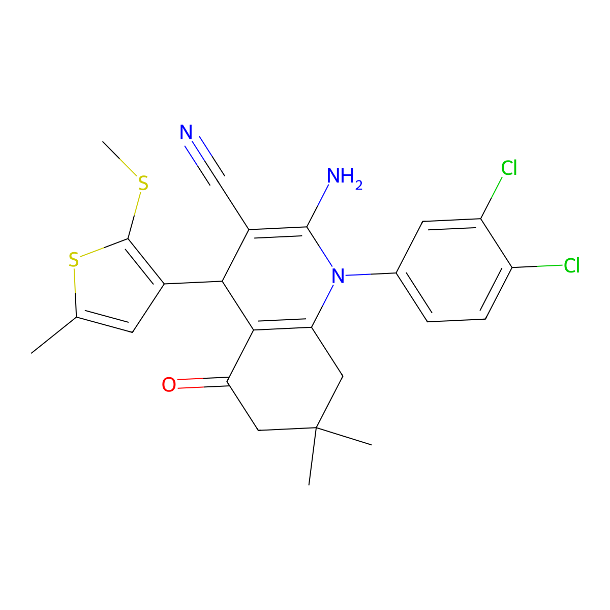2-Amino-1-(3,4-dichlorophenyl)-7,7-dimethyl-4-(5-methyl-2-(methylsulfany L)-3-thienyl)-5-oxo-1,4,5,6,7,8-hexahydro-3-quinolinecarbonitrile molecular structure, CAS 476483-40-6