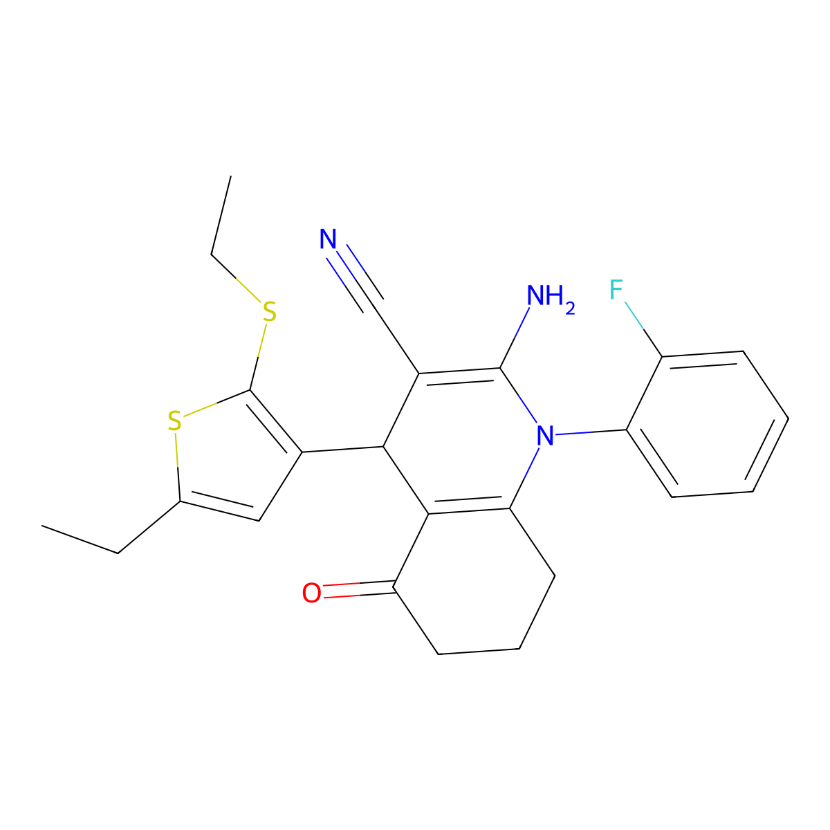 2-Amino-4-(5-ethyl-2-(ethylsulfanyl)-3-thienyl)-1-(2-fluorophenyl)-5-oxo-1,4,5,6,7,8-hexahydro-3-quinolinecarbonitrile molecular structure, CAS 476483-45-1