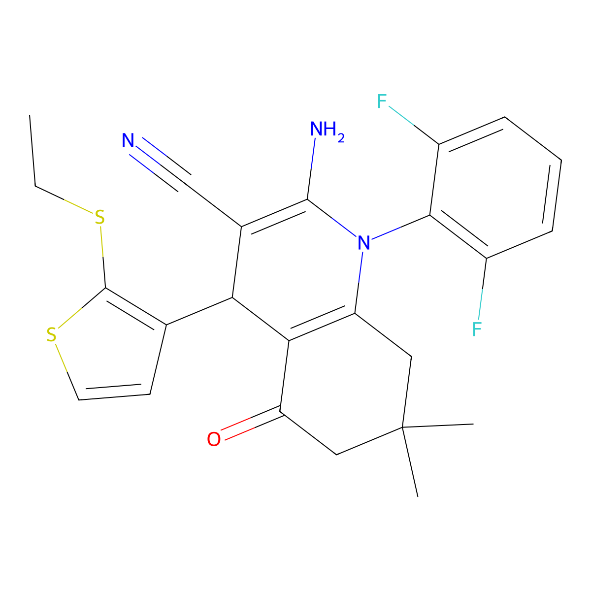 2-Amino-1-(2,6-difluorophenyl)-4-[2-(ethylsulfanyl)-3-thienyl]-7,7-dimethyl-5-oxo-1,4,5,6,7,8-hexahydro-3-quinolinecarbonitrile molecular structure, CAS 476483-47-3