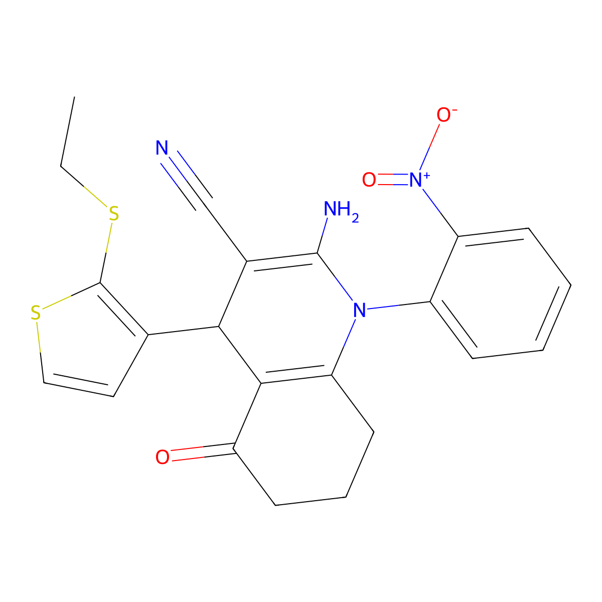 2-Amino-4-[2-(ethylsulfanyl)-3-thienyl]-1-(2-nitrophenyl)-5-oxo-1,4,5,6,7,8-hexahydro-3-quinolinecarbonitrile molecular structure, CAS 476483-48-4