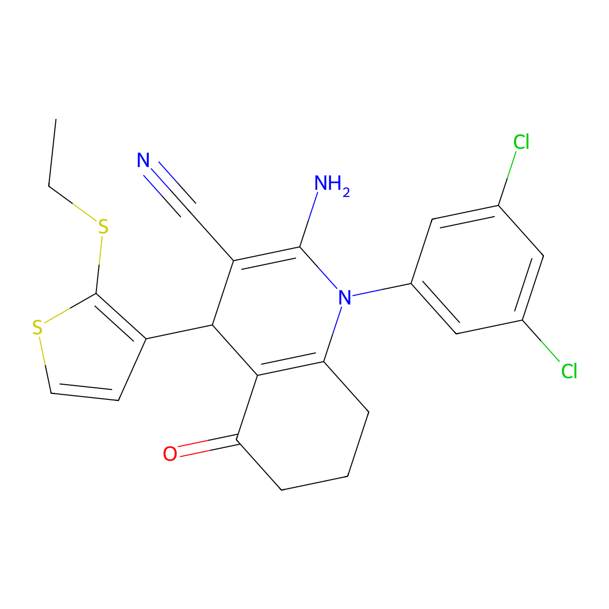 2-Amino-1-(3,5-dichlorophenyl)-4-(2-(ethylsulfanyl)-3-thienyl)-5-oxo-1,4,5,6,7,8-hexahydro-3-quinolinecarbonitrile molecular structure, CAS 476483-49-5