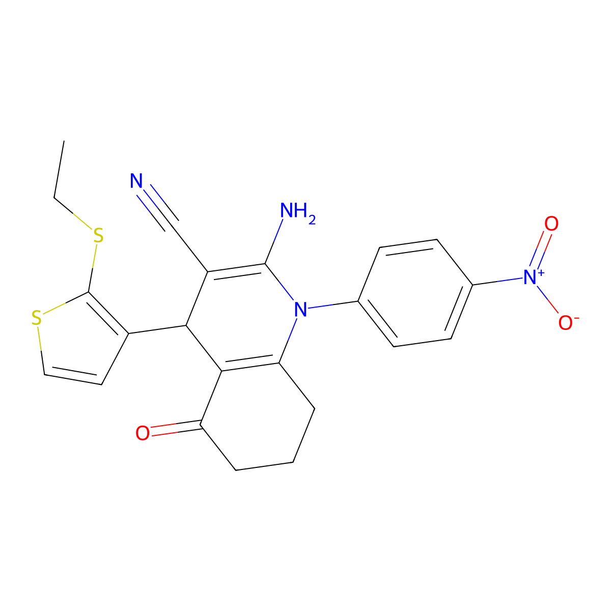 2-Amino-4-[2-(ethylsulfanyl)-3-thienyl]-1-(4-nitrophenyl)-5-oxo-1,4,5,6,7,8-hexahydro-3-quinolinecarbonitrile molecular structure, CAS 476483-50-8