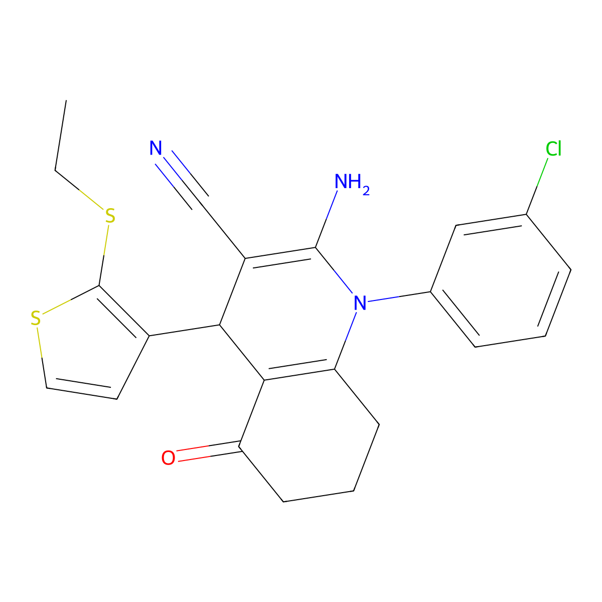 2-Amino-1-(3-chlorophenyl)-4-[2-(ethylsulfanyl)-3-thienyl]-5-oxo-1,4,5,6,7,8-hexahydro-3-quinolinecarbonitrile molecular structure, CAS 476483-51-9