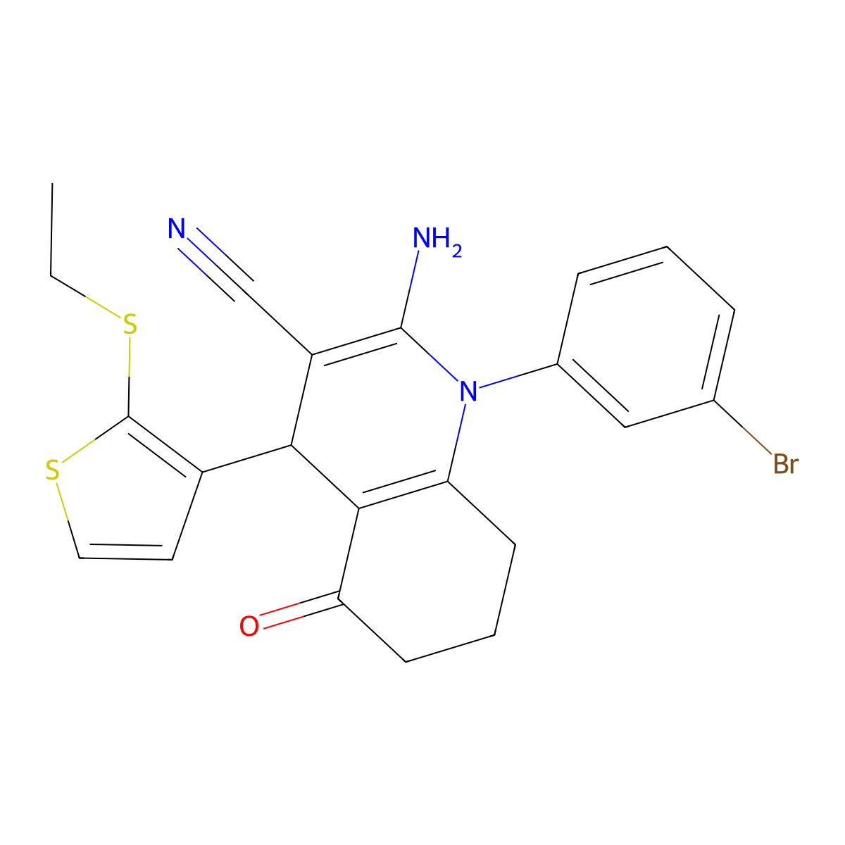 2-Amino-1-(3-bromophenyl)-4-(2-(ethylsulfanyl)-3-thienyl)-5-oxo-1,4,5,6,7,8-hexahydro-3-quinolinecarbonitrile molecular structure, CAS 476483-52-0