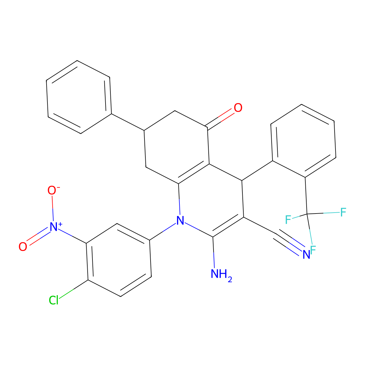 2-Amino-1-(4-chloro-3-nitrophenyl)-5-oxo-7-phenyl-4-[2-(trifluoromethyl)phenyl]-1,4,5,6,7,8-hexahydro-3-quinolinecarbonitrile molecular structure, CAS 476483-54-2