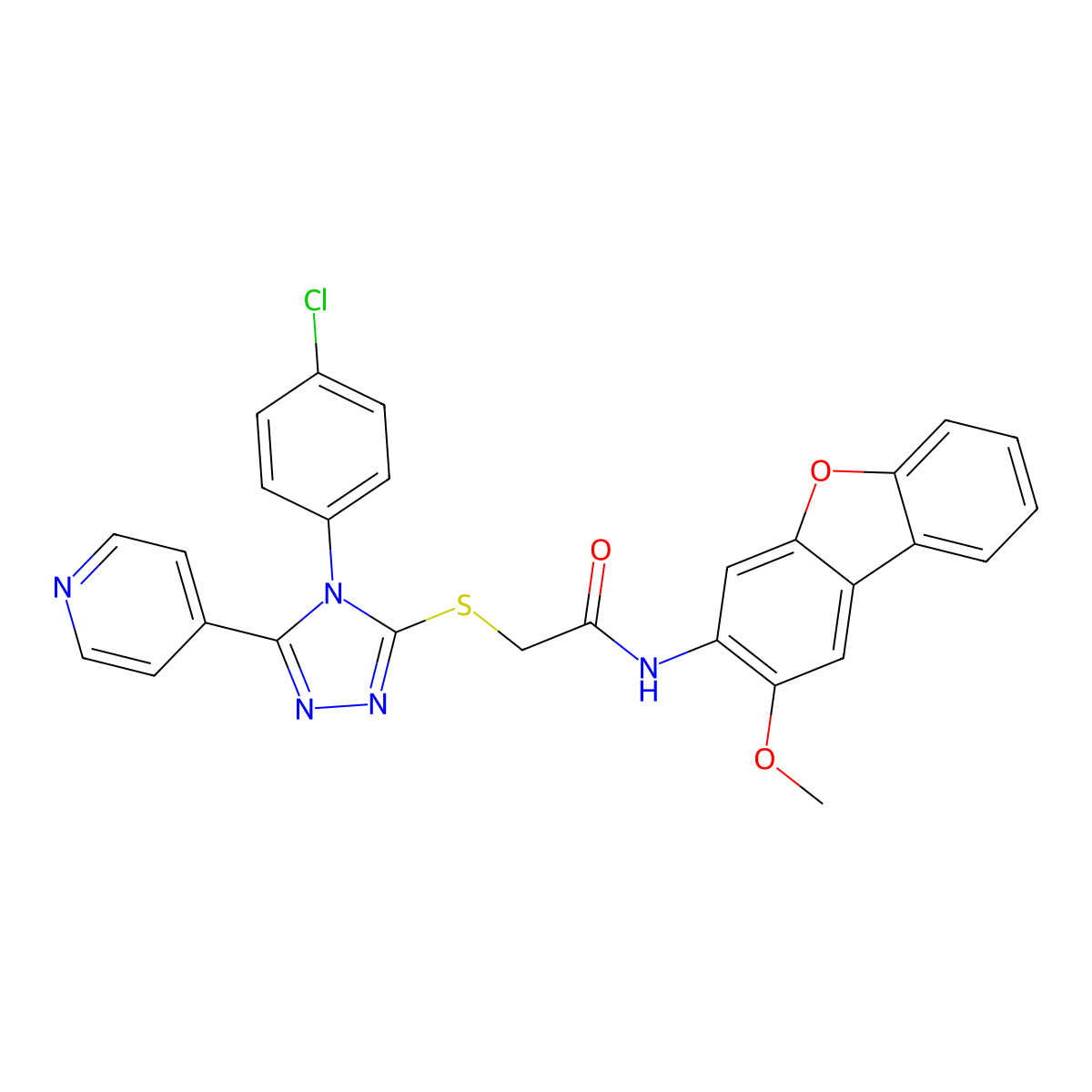 2-{[4-(4-Chlorophenyl)-5-(4-pyridinyl)-4H-1,2,4-triazol-3-YL]sulfanyl}-N-(2-methoxydibenzo[B,D]furan-3-YL)acetamide molecular structure, CAS 476483-69-9