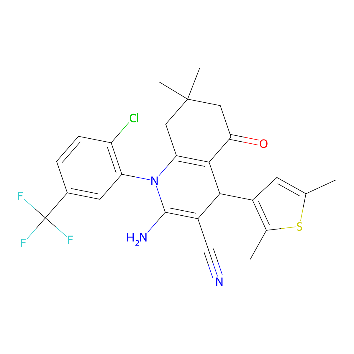 2-Amino-1-[2-chloro-5-(trifluoromethyl)phenyl]-4-(2,5-dimethyl-3-thienyl)-7,7-dimethyl-5-oxo-1,4,5,6,7,8-hexahydro-3-quinolinecarbonitrile molecular structure, CAS 476483-80-4