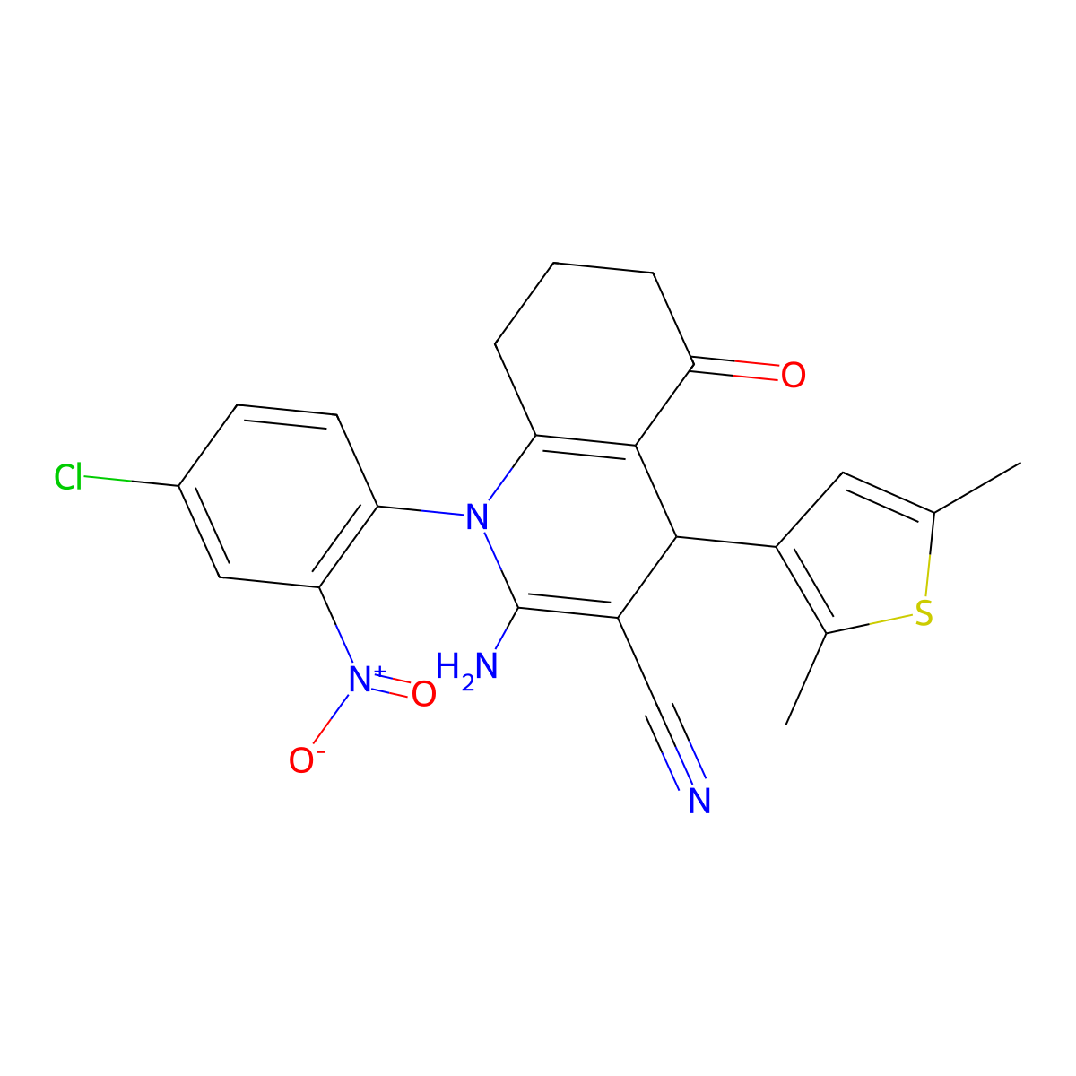 2-Amino-1-(4-chloro-2-nitrophenyl)-4-(2,5-dimethyl-3-thienyl)-5-oxo-1,4,5,6,7,8-hexahydro-3-quinolinecarbonitrile molecular structure, CAS 476483-82-6