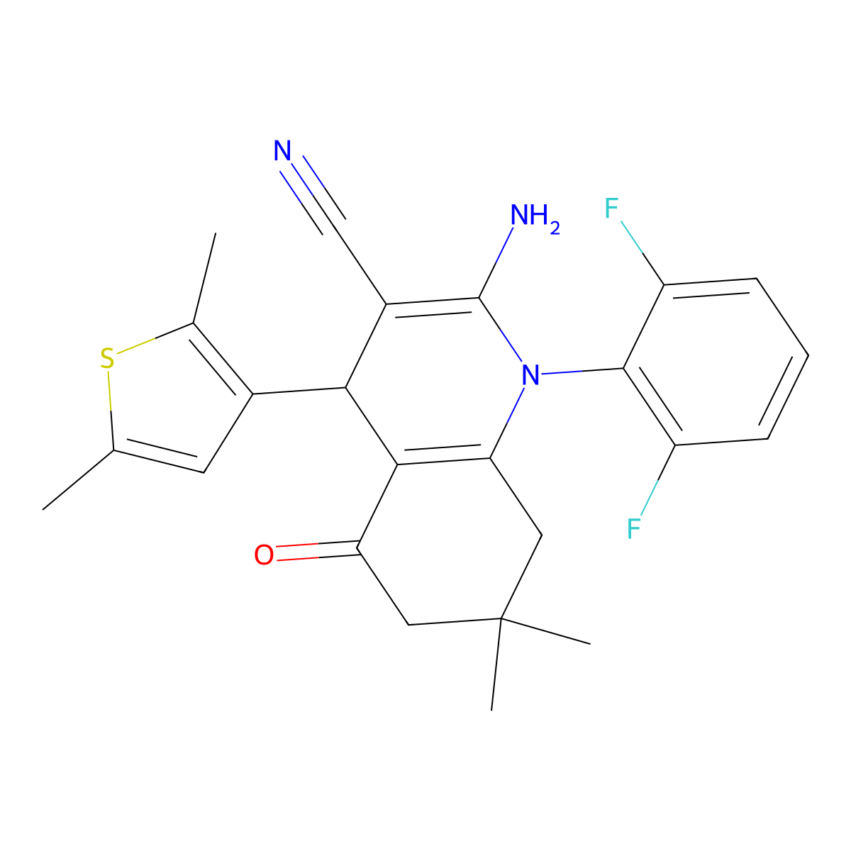 2-Amino-1-(2,6-difluorophenyl)-4-(2,5-dimethyl-3-thienyl)-7,7-dimethyl-5-oxo-1,4,5,6,7,8-hexahydro-3-quinolinecarbonitrile molecular structure, CAS 476483-86-0