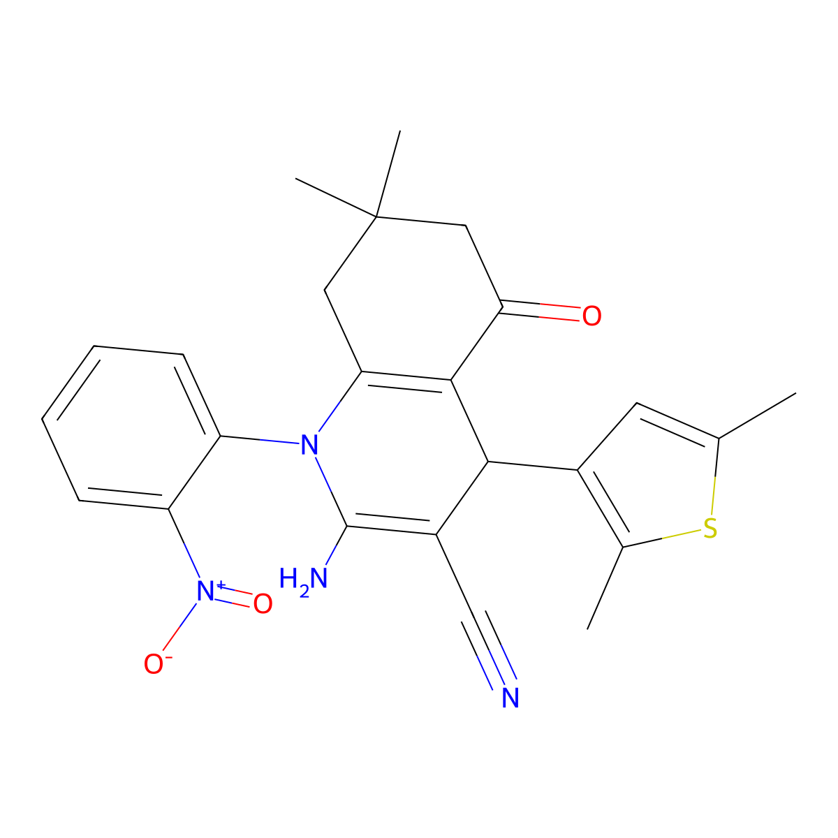 2-Amino-4-(2,5-dimethyl-3-thienyl)-7,7-dimethyl-1-(2-nitrophenyl)-5-oxo-1,4,5,6,7,8-hexahydro-3-quinolinecarbonitrile molecular structure, CAS 476483-88-2