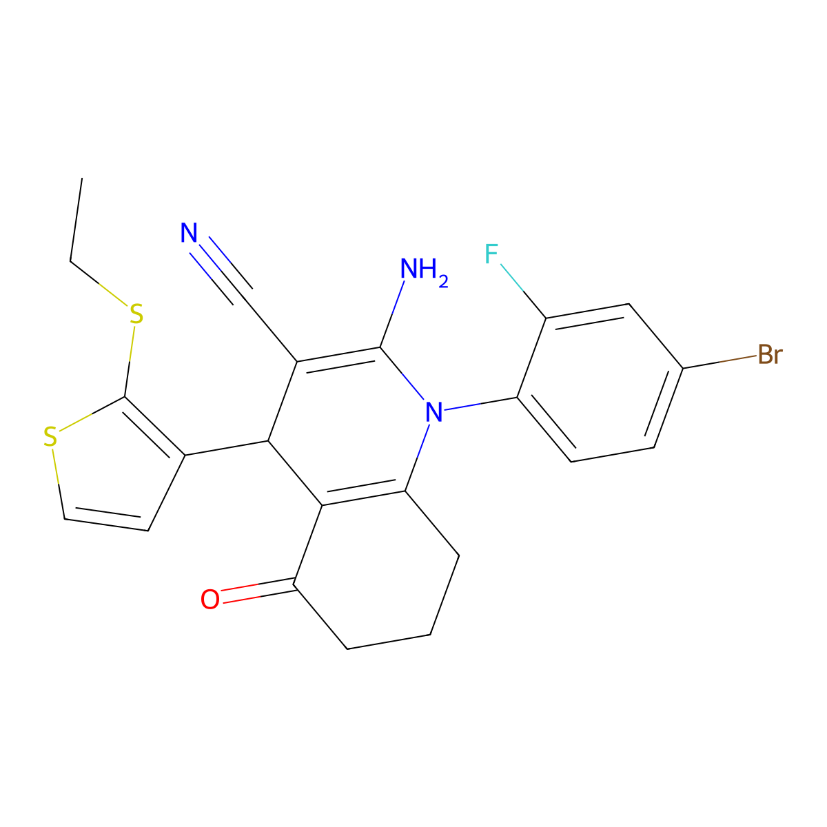 2-Amino-1-(4-bromo-2-fluorophenyl)-4-[2-(ethylsulfanyl)-3-thienyl]-5-oxo-1,4,5,6,7,8-hexahydro-3-quinolinecarbonitrile molecular structure, CAS 476483-96-2