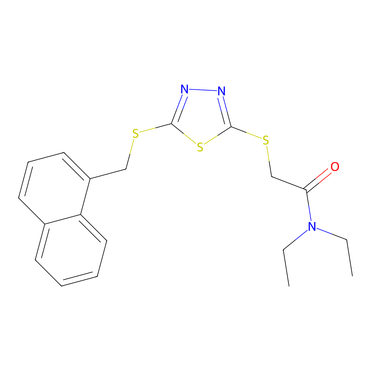 N,N-Diethyl-2-((5-((1-naphthylmethyl)thio)-1,3,4-thiadiazol-2-YL)thio)acetamide molecular structure, CAS 476484-11-4