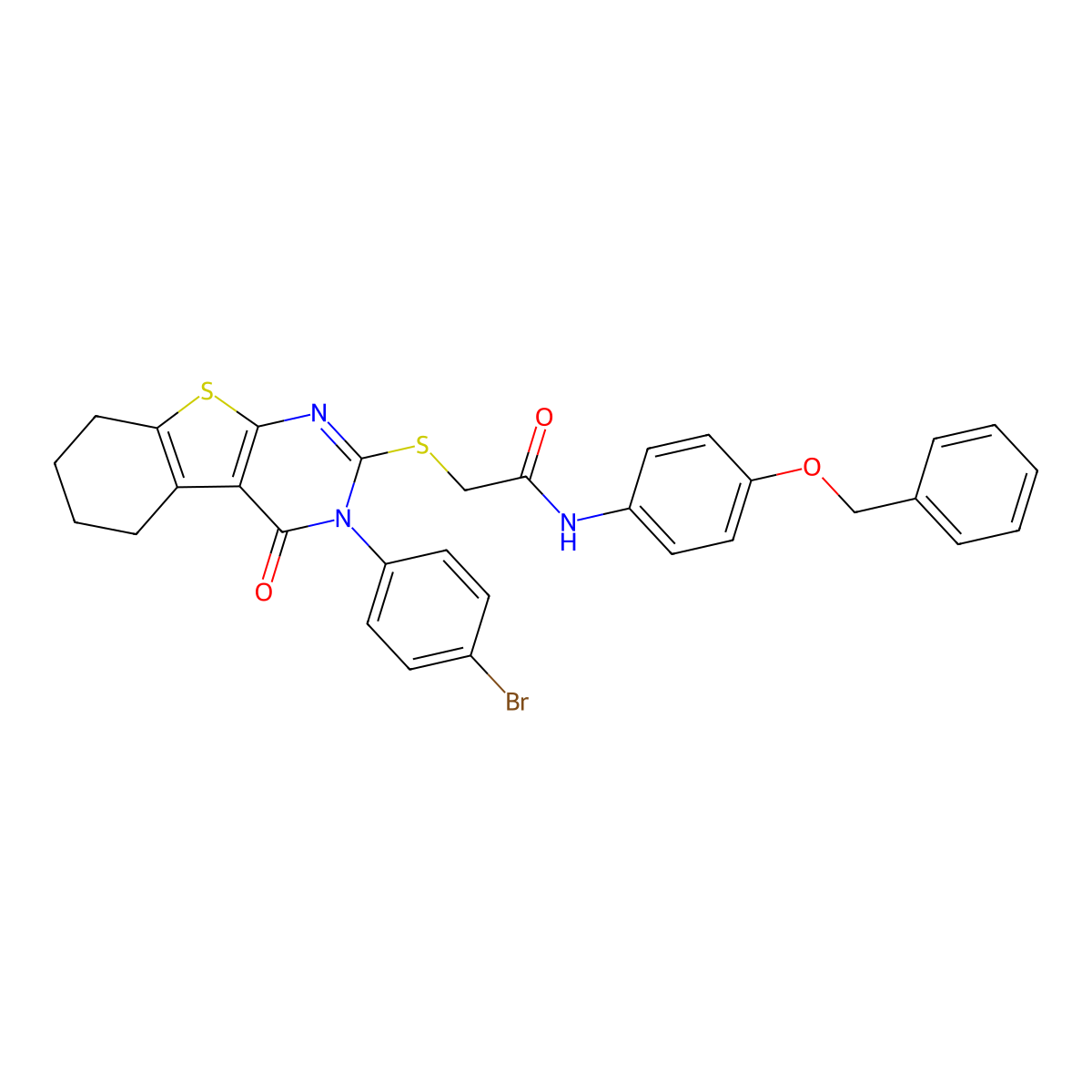 N-[4-(Benzyloxy)phenyl]-2-{[3-(4-bromophenyl)-4-oxo-3,4,5,6,7,8-hexahydro[1]benzothieno[2,3-D]pyrimidin-2-YL]sulfanyl}acetamide molecular structure, CAS 476484-13-6