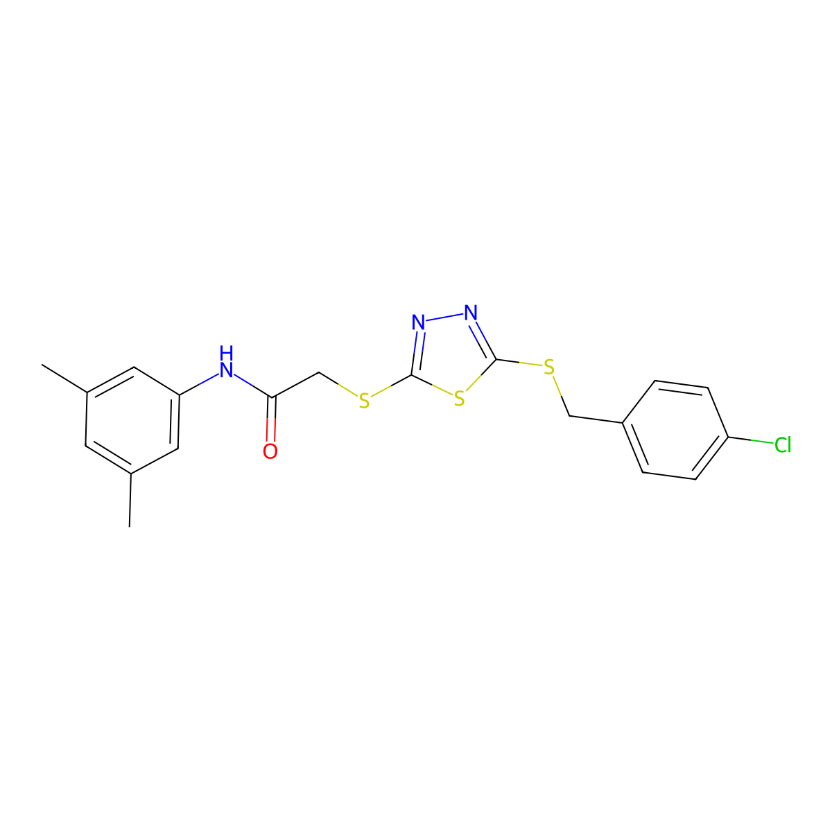 2-((5-((4-CL-Benzyl)thio)-1,3,4-thiadiazol-2-YL)thio)-N-(3,5-DI-ME-PH)acetamide molecular structure, CAS 476484-57-8