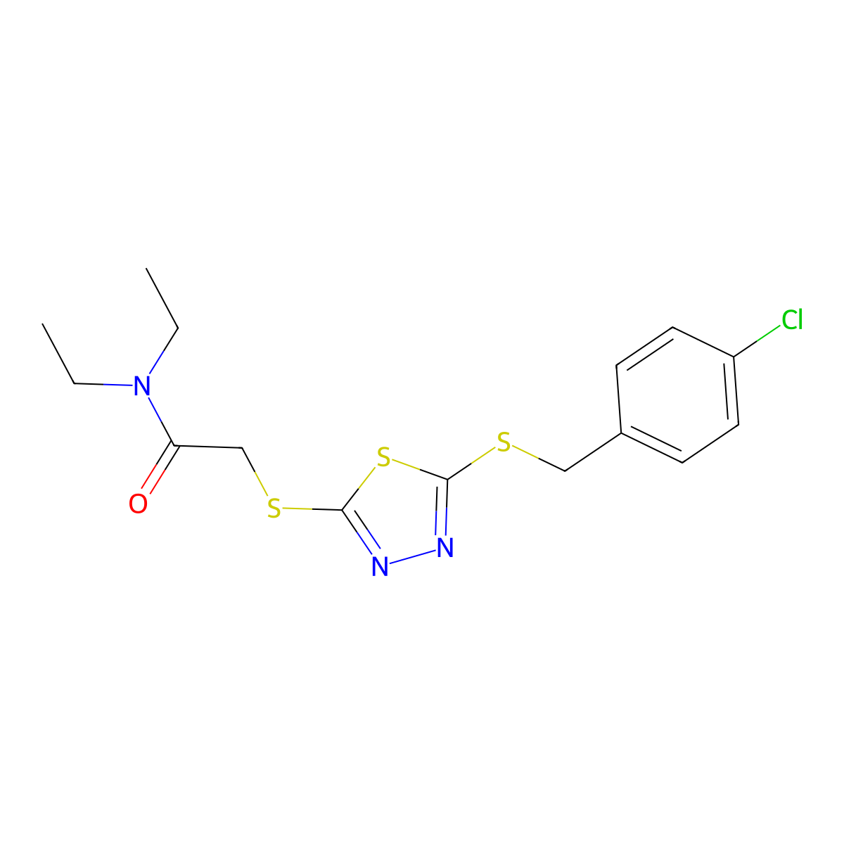 2-((5-((4-Chlorobenzyl)thio)-1,3,4-thiadiazol-2-YL)thio)-N,N-diethylacetamide molecular structure, CAS 476484-59-0