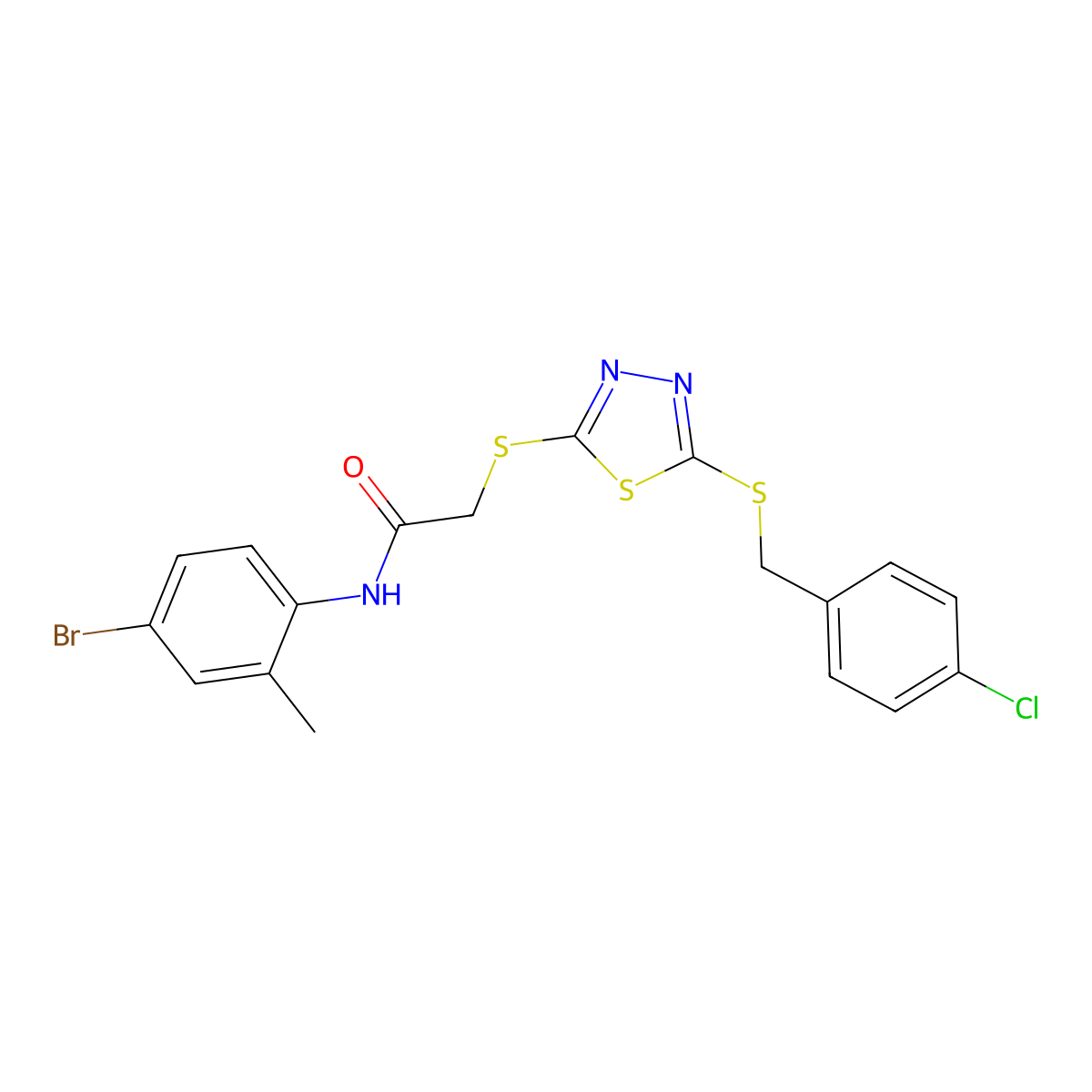 N-(4-BR-2-ME-PH)-2-((5-((4-CL-Benzyl)thio)-1,3,4-thiadiazol-2-YL)thio)acetamide molecular structure, CAS 476484-61-4