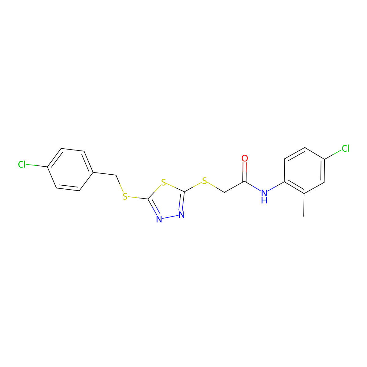 2-((5-((4-CL-Benzyl)thio)-1,3,4-thiadiazol-2-YL)thio)-N-(4-CL-2-ME-PH)acetamide molecular structure, CAS 476484-63-6