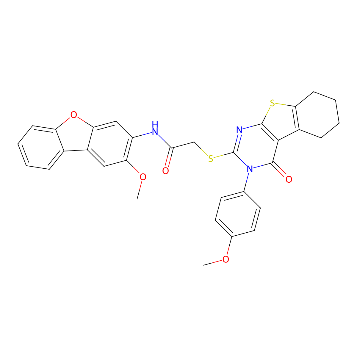 N-(2-Methoxydibenzo(B,D)furan-3-YL)-2-((3-(4-methoxyphenyl)-4-oxo-3,4,5, 6,7,8-hexahydro(1)benzothieno(2,3-D)pyrimidin-2-YL)sulfanyl)acetamide molecular structure, CAS 476484-81-8