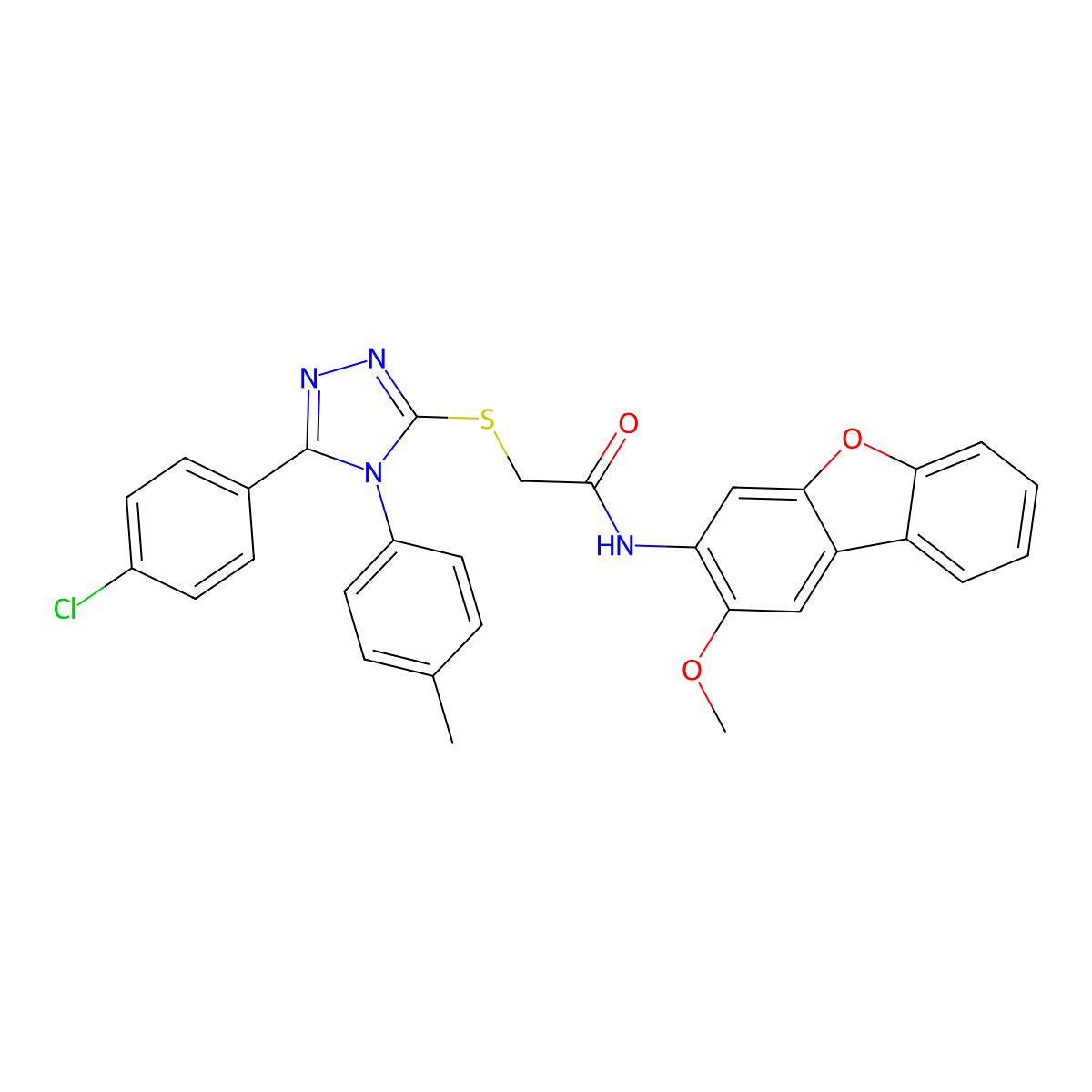 2-{[5-(4-Chlorophenyl)-4-(4-methylphenyl)-4H-1,2,4-triazol-3-YL]sulfanyl}-N-(2-methoxydibenzo[B,D]furan-3-YL)acetamide molecular structure, CAS 476485-76-4