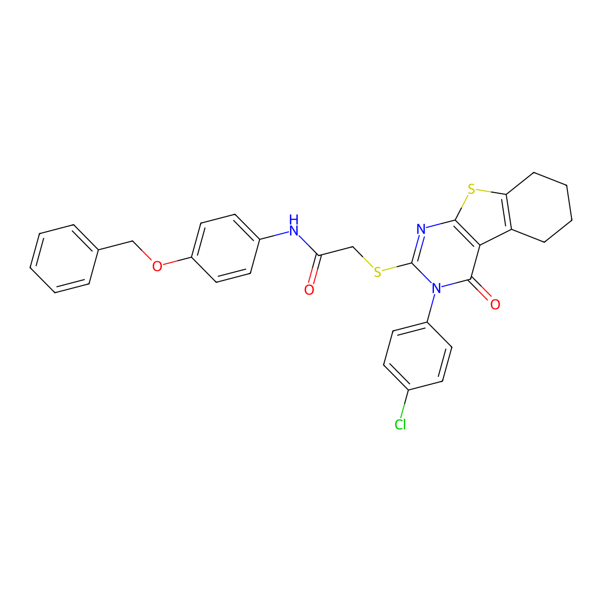 N-[4-(Benzyloxy)phenyl]-2-{[3-(4-chlorophenyl)-4-oxo-3,4,5,6,7,8-hexahydro[1]benzothieno[2,3-D]pyrimidin-2-YL]sulfanyl}acetamide molecular structure, CAS 476486-19-8
