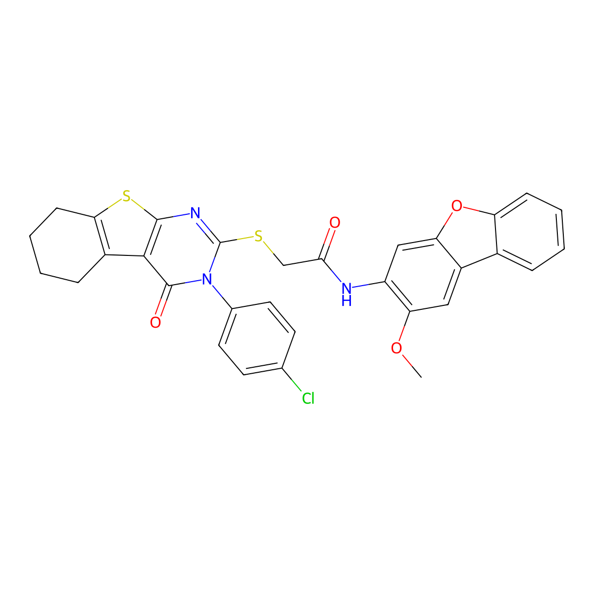 2-{[3-(4-Chlorophenyl)-4-oxo-3,4,5,6,7,8-hexahydro[1]benzothieno[2,3-D]P yrimidin-2-YL]sulfanyl}-N-(2-methoxydibenzo[B,D]furan-3-YL)acetamide molecular structure, CAS 476486-20-1