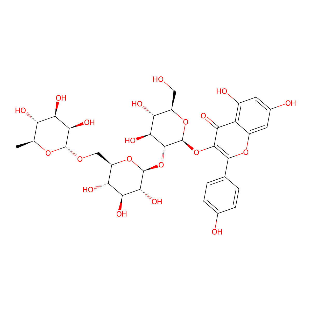 Kaempferol-3-O-alpha-L-rhamnopyranosyl-(1-->6)-beta-D-glucopyranosyl-(1-->2)-beta-D-glucopyranoside molecular structure, CAS 476617-49-9