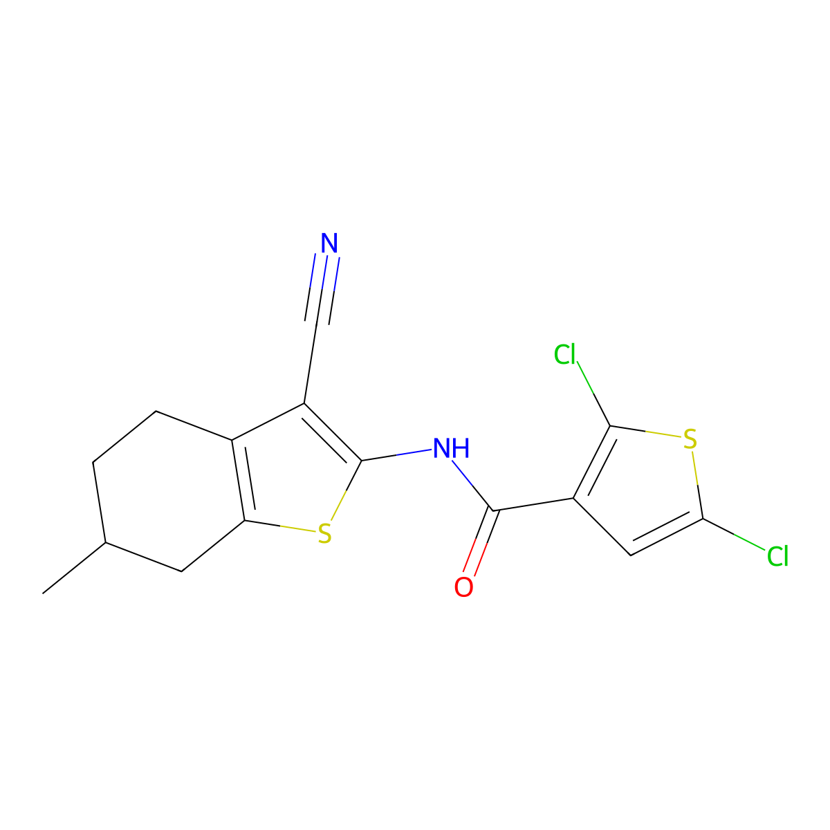 2,5-dichloro-N-(3-cyano-6-methyl-4,5,6,7-tetrahydro-1-benzothiophen-2-yl)thiophene-3-carboxamide molecular structure, CAS 476627-58-4