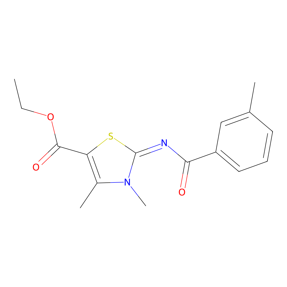 (Z)-ethyl 3,4-dimethyl-2-((3-methylbenzoyl)imino)-2,3-dihydrothiazole-5-carboxylate molecular structure, CAS 476628-04-3